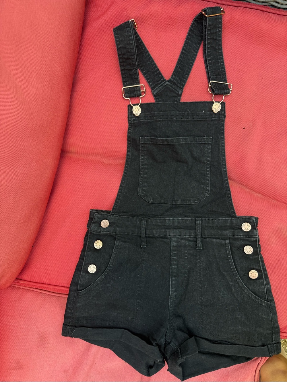 Guess Black Denim Short Overalls with Gold Hardware